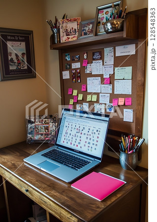 A desk with a laptop and a pink notebook 128548363