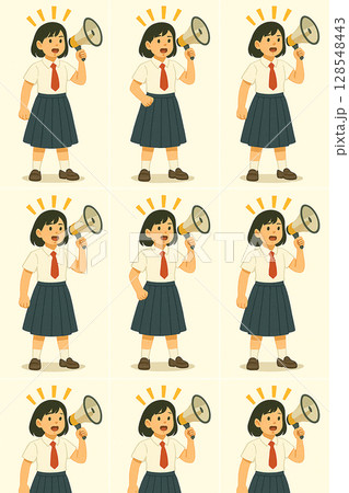 メガホンで応援する女性イラスト！日本人の学生！10代中学生から高校生ぐらいの元気な制服笑顔ガール 128548443