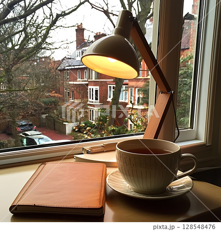 A cup of tea sits on a saucer next to a notebook A cup of tea sits on a saucer next to a notebook 128548476