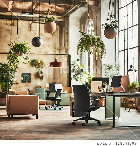 A modern office space with a lot of greenery and plants A modern office space with a lot of greenery and plants 128548505