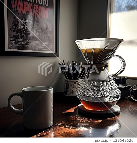 A coffee mug sits on a wooden table next to a glass coffee filter 128548526