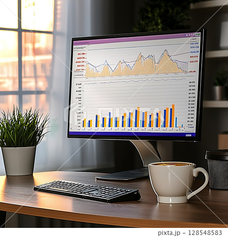 A computer monitor displays a graph with a purple background and orange 128548583