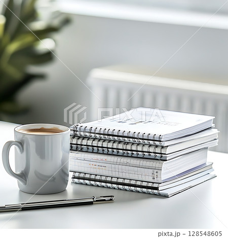 A stack of notebooks and a mug of coffee sit on a table 128548605