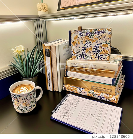 A desk with a coffee mug, a stack of books, and a notebook 128548606