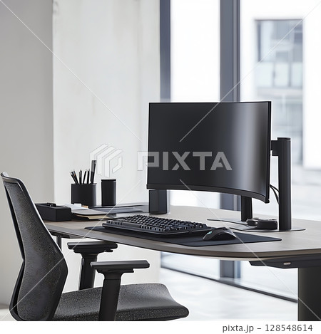 A computer desk with a black monitor and keyboard 128548614