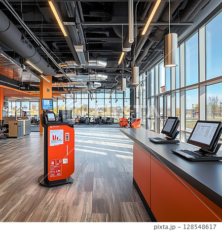 A large room with a counter and several computers 128548617