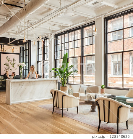 A woman is standing in front of a desk in a room with a potted plant A woman is standing in front of a desk in a room with a potted plant 128548626