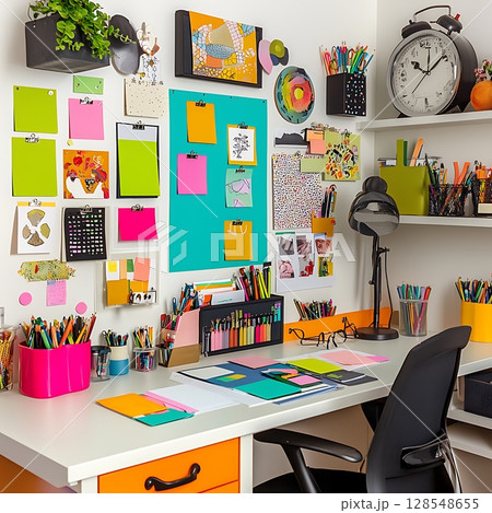 A colorful desk with a clock on the wall and a green board with notes on it 128548655