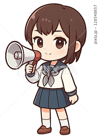 メガホンで応援する女性イラスト！日本人の学生！10代中学生から高校生ぐらいの元気な制服笑顔ガール 128548657