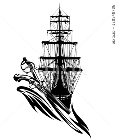 adventure on the sea emblem with sail ship, antique pistol and sabre sword 128548786