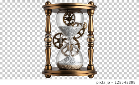 Steampunk Hourglass with Metallic Sand and Gears on Black 128548899