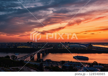 Sunset Over Nizhny Novgorod at Oka-Volga Confluence 128548985