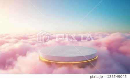 White And Golden Podium In A Pink Clouds Background 128549043