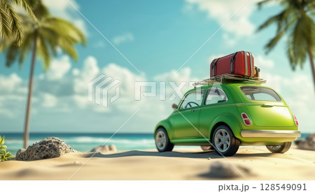 Beautiful Sand Beach Scene With Cute Green Car And Luggage For Summer Travel 128549091