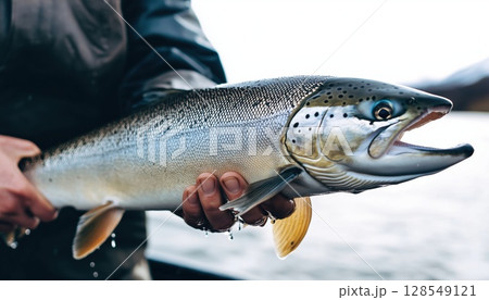 Fisherman Proudly Displaying Large Atlantic Salmon Fish Against A White Background Fisherman Proudly Displaying Large Atlantic Salmon Fish Against A White Background 128549121