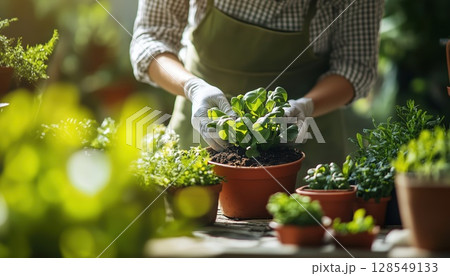 Woman Gardener Demonstrates Proper Plant Care Techniques 128549133