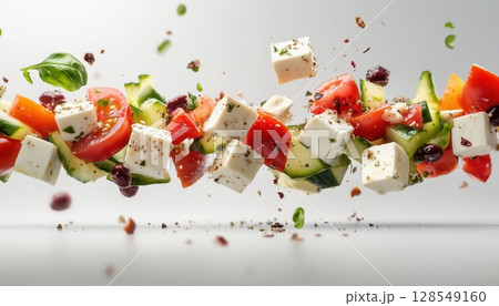 Flying Vegetable Greek Salad On White 128549160