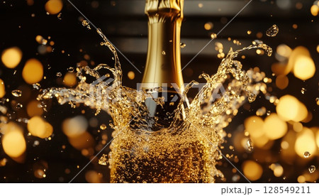 Golden Bottle Overflowing With Champagne Splash 128549211