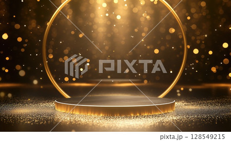 Luxurious Stage Setup With Circle Frame ./Luxurious Stage Design With Circle Frame, Golden Curves, Glittering Lights, And Bokeh For Product Presentation Luxurious Stage Setup With Circle Frame ./Luxurious Stage Design With Circle Frame, Golden Curves, Glittering Lights, And Bokeh For Product Presentation 128549215