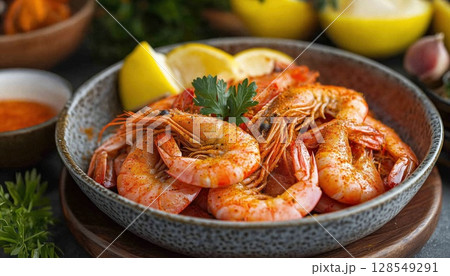Traditional Fusion Dish Of Spicy Cajun Tiger Prawns With Cajun Spices 128549291