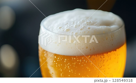Golden Pale Beer With Thick Foam Head Poured Into Glass 128549318
