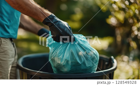 Closeup Shot Of Man Discarding Trash Bag Into Outdoor Bin 128549328