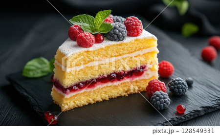 Delicious Sponge Cake With Fresh Berries And Mint On A Stylish Black Wooden Table 128549331