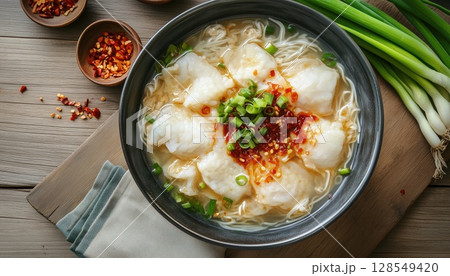 Top View Presentation Of Sliced Fish Bee Hoon In A Bowl With Soup 128549420