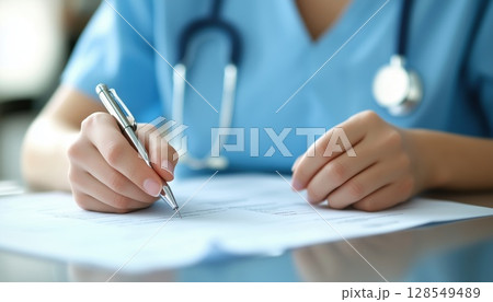 Focused Caucasian Nurse At Clinic Desk 128549489