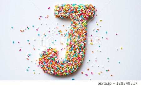 White Background With Letter J Decorated With Multiple Sugar Sprinkles White Background With Letter J Decorated With Multiple Sugar Sprinkles 128549517