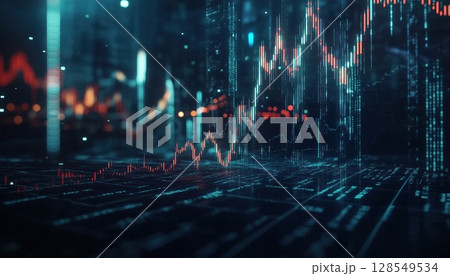 Dark Blue Rendering Of Financial Chart And Rising Graph With Numbers And Bar Diagrams Illustrating 128549534