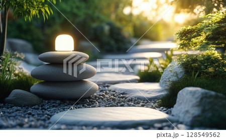 Japanese Garden Stone Balance And Natural Light 128549562
