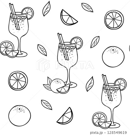 Aperol Spritz Cocktails Seamless pattern. Hand drawn Vector illustration of aperol drink glass with orange fruit and slice in Doodle style. For restaurant menus, bar design. 128549619