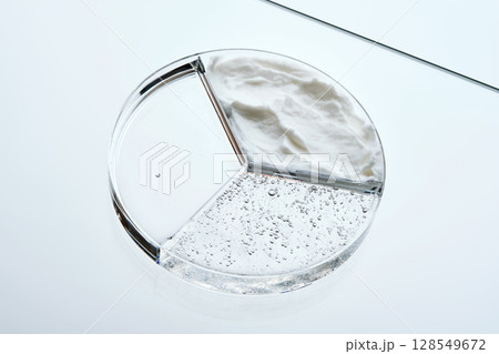 A petri dish with different textures of cosmetics. A petri dish with different textures of cosmetics. 128549672