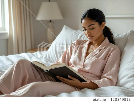 happy woman in pink pijama reading book in bed 128549818