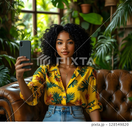 happy african american woman text messaging in cafe 128549820