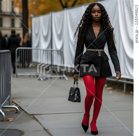 beautiful girl in a black dress red legs curly hair 128549821