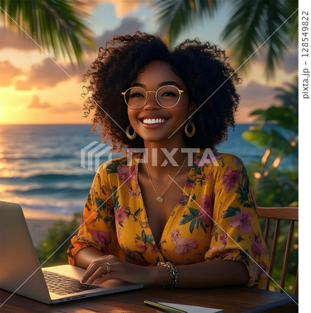young woman with laptop vacation yellow  128549822