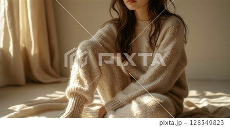 young beautiful woman in sweater on bed at home 128549823