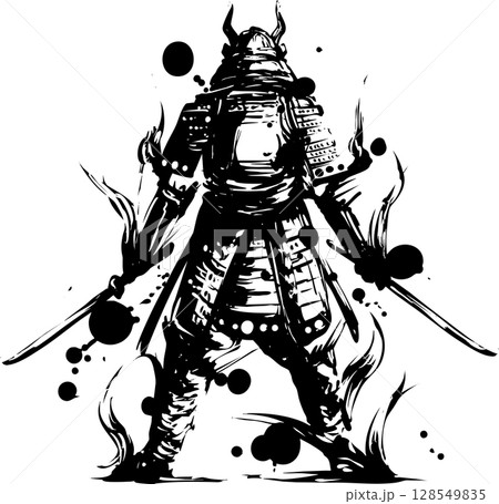 二刀流の侍の墨絵イラスト 二刀流の侍の墨絵イラスト 128549835