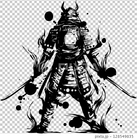 二刀流の侍の墨絵イラスト 二刀流の侍の墨絵イラスト 128549835