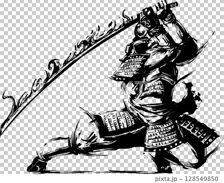 水墨畫插圖：手持寶劍的武士 128549850