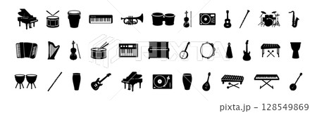 Set of black silhouettes of various musical instruments isolated on white background, graphic illustration. concept of music icons, instruments, design elements, art, decor 128549869