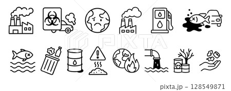 Black outline environmental pollution icons set, isolated on white background, graphic illustration. concepts of waste, contamination, earth damage, pollution icons collection Black outline environmental pollution icons set, isolated on white background, graphic illustration. concepts of waste, contamination, earth damage, pollution icons collection 128549871