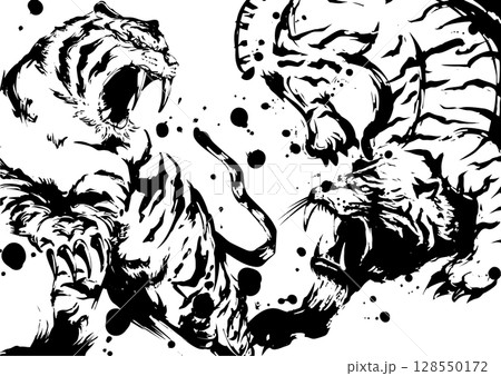 双虎の墨絵イラスト 128550172