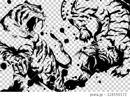 双虎の墨絵イラスト 128550172