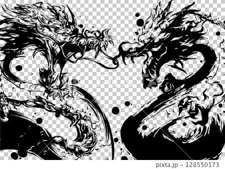 Ink painting illustration of twin dragons 128550173