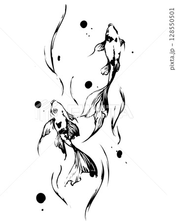 2匹の金魚の墨絵イラスト 128550501