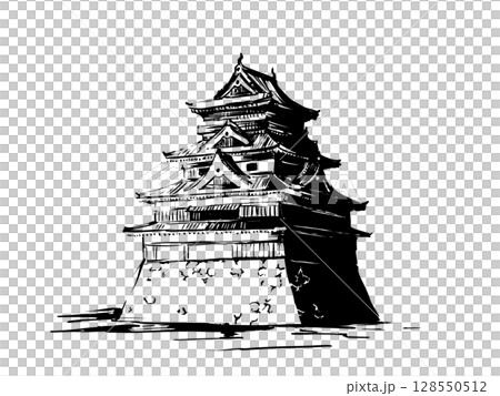 日本城堡的水墨畫插圖 128550512