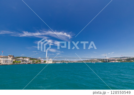 Bosphorus Bridge , seen from the Bosphorus, Istanbul, Turkey 128550549